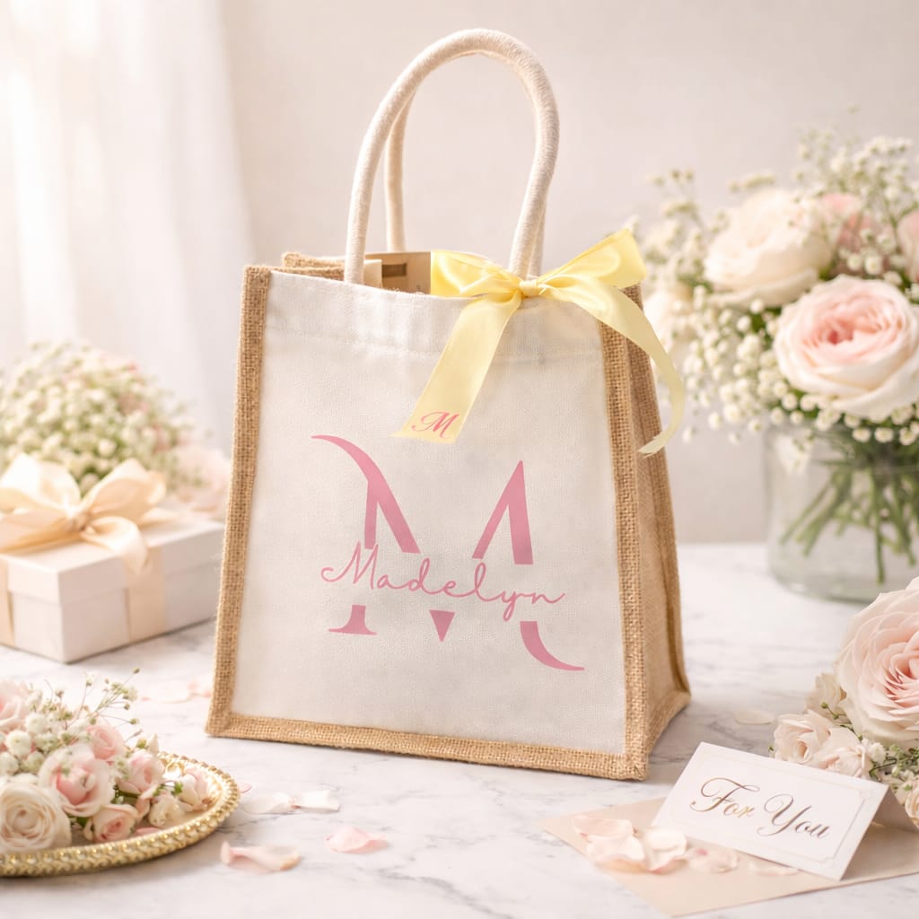 Personalized Mini Jute & Canvas Tote - Custom Name Handbag with Ribbon