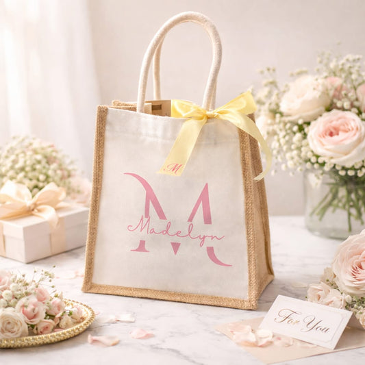 Personalized Mini Jute & Canvas Tote - Custom Name Handbag with Ribbon