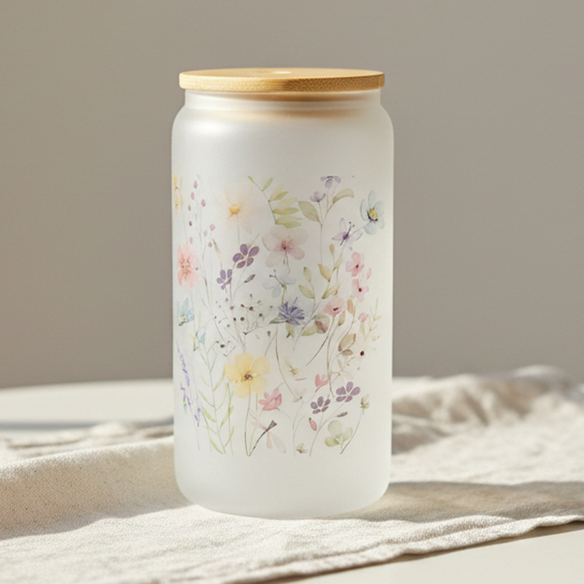 Floral Glass Tumbler with Bamboo Lid - 16 oz Sublimation Drinkware