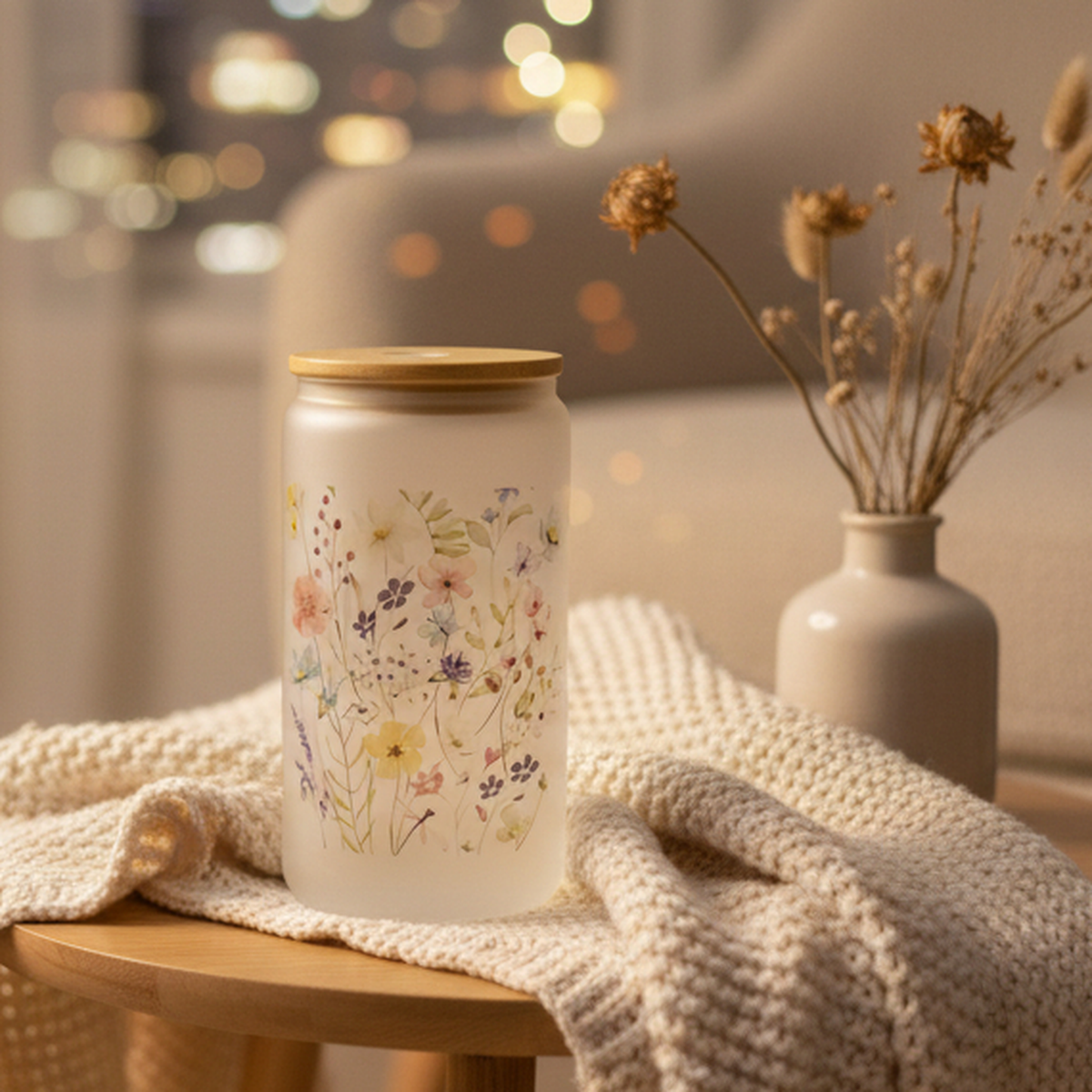 Floral Glass Tumbler with Bamboo Lid - 16 oz Sublimation Drinkware