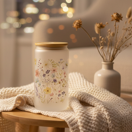 Floral Glass Tumbler with Bamboo Lid - 16 oz Sublimation Drinkware
