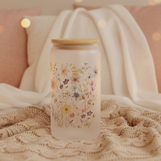 Floral Glass Tumbler with Bamboo Lid - 16 oz Sublimation Drinkware